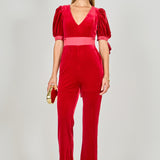 Bow Tie Sleeve Velvet Jumpsuit