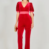 Bow Tie Sleeve Velvet Jumpsuit