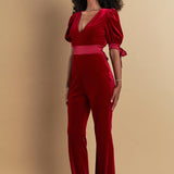 Bow Tie Sleeve Velvet Jumpsuit