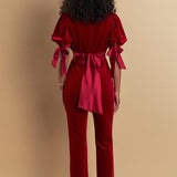 Bow Tie Sleeve Velvet Jumpsuit