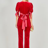 Bow Tie Sleeve Velvet Jumpsuit