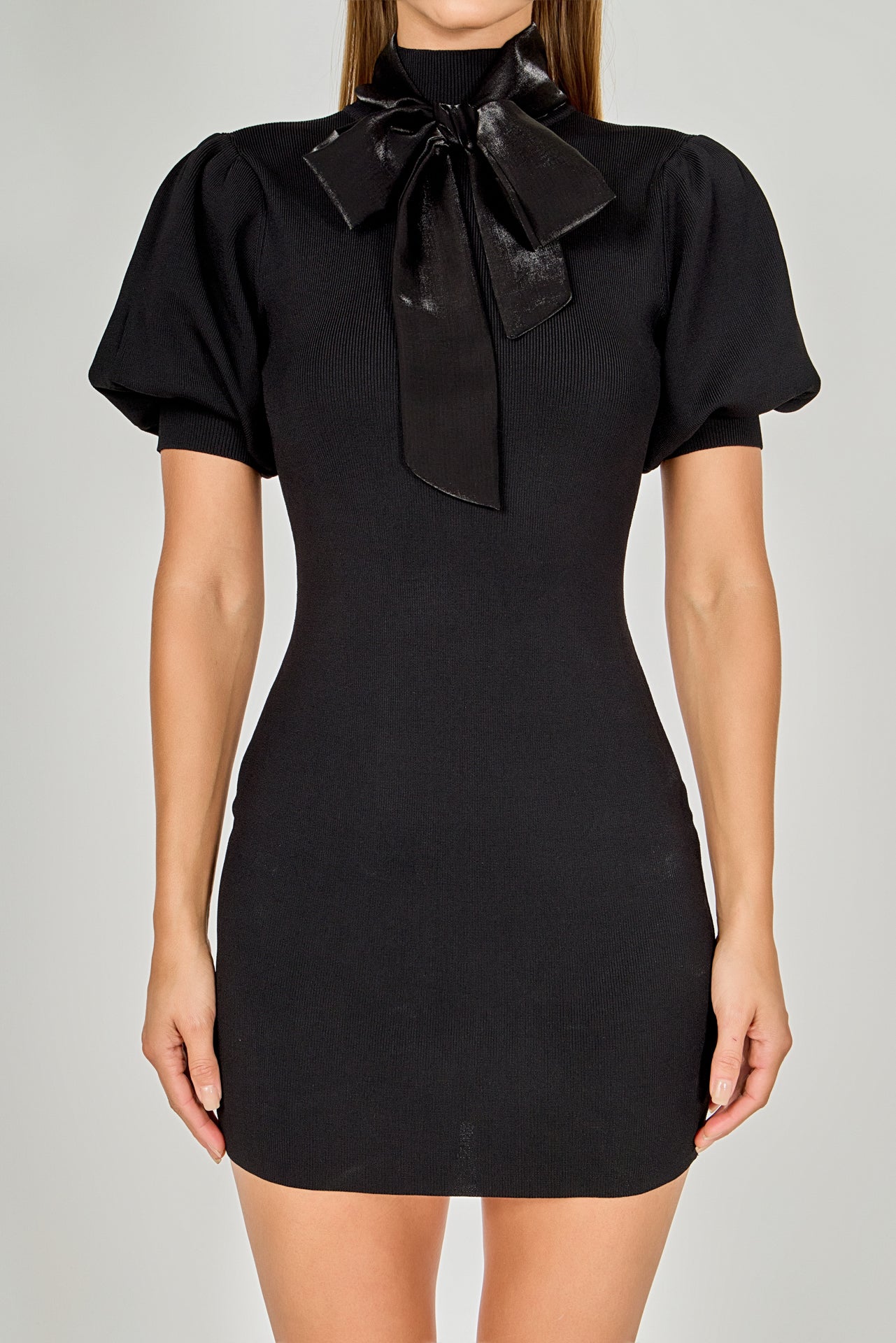 black knit bow mini dress Karen Millen Figure Form Bandage Taffeta Bow Knit Mini Dress in Black
