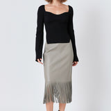 Pu Fringe Pencil Midi Skirt