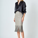 Pu Fringe Pencil Midi Skirt