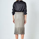 Pu Fringe Pencil Midi Skirt