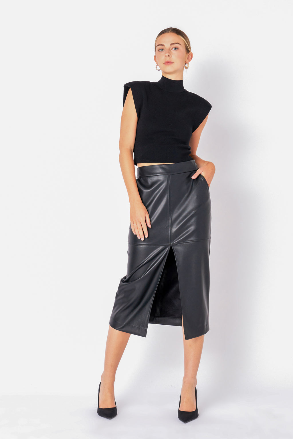 Leather Front Slit Midi Skirt