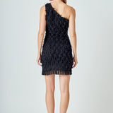 Mesh Trimmed One Shoulder Mini Dress