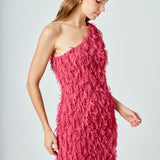 Mesh Trimmed One Shoulder Mini Dress