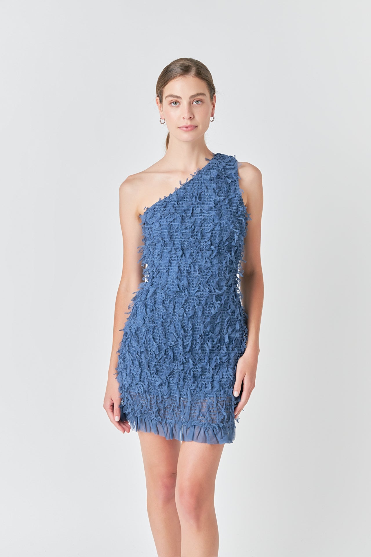 Endless Rose - Mesh Trimmed One Shoulder Mini Dress DUSTY Blue / Xs Endless Rose - Mesh Trimmed One Shoulder Mini Dress DUSTY Blue / Xs