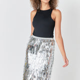 Fringed Metallic Midi Skirt