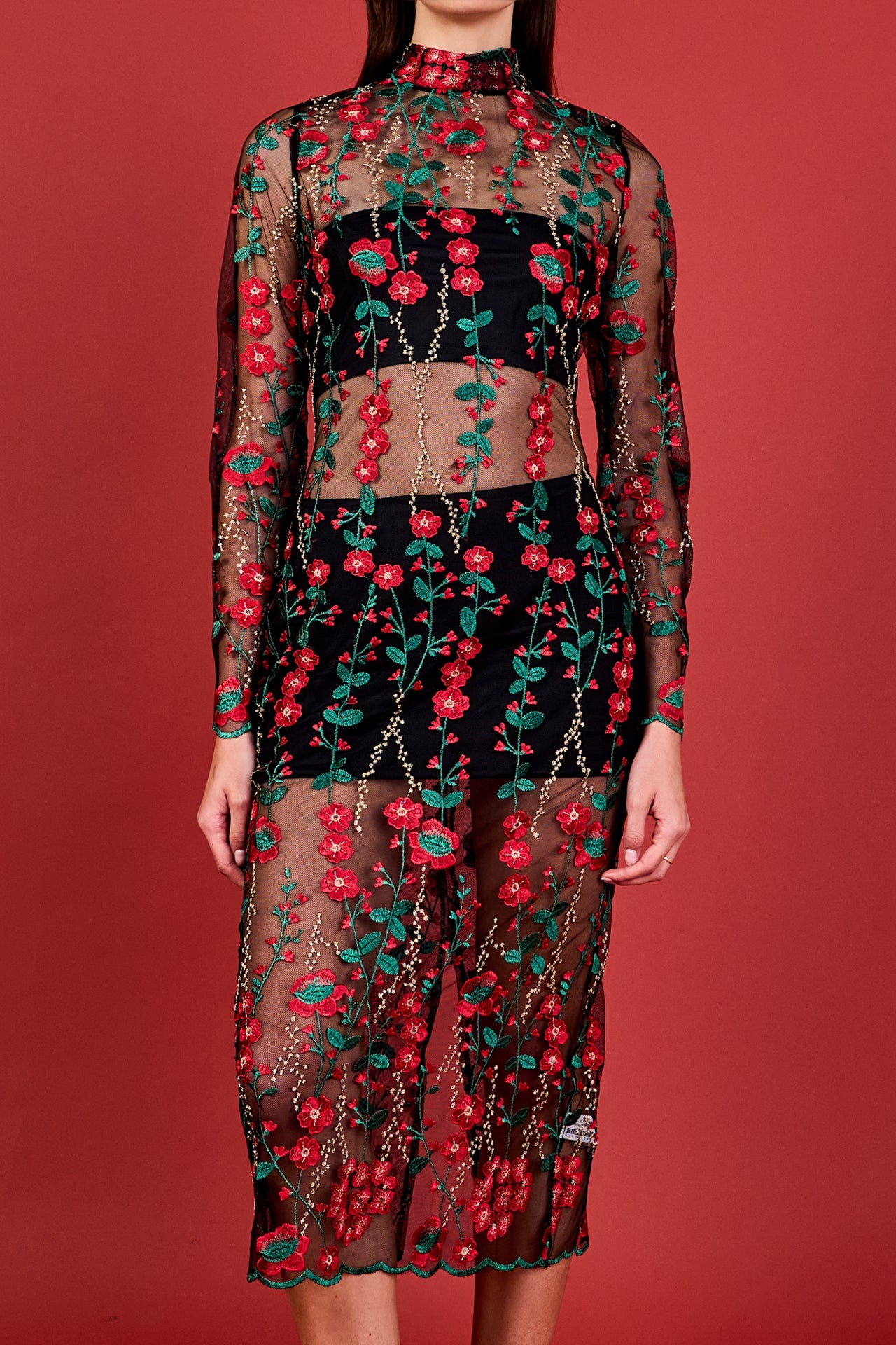 Endless Rose - Floral Embroidered Midi Dress RED MULTI / M Endless Rose - Floral Embroidered Midi Dress RED MULTI / M