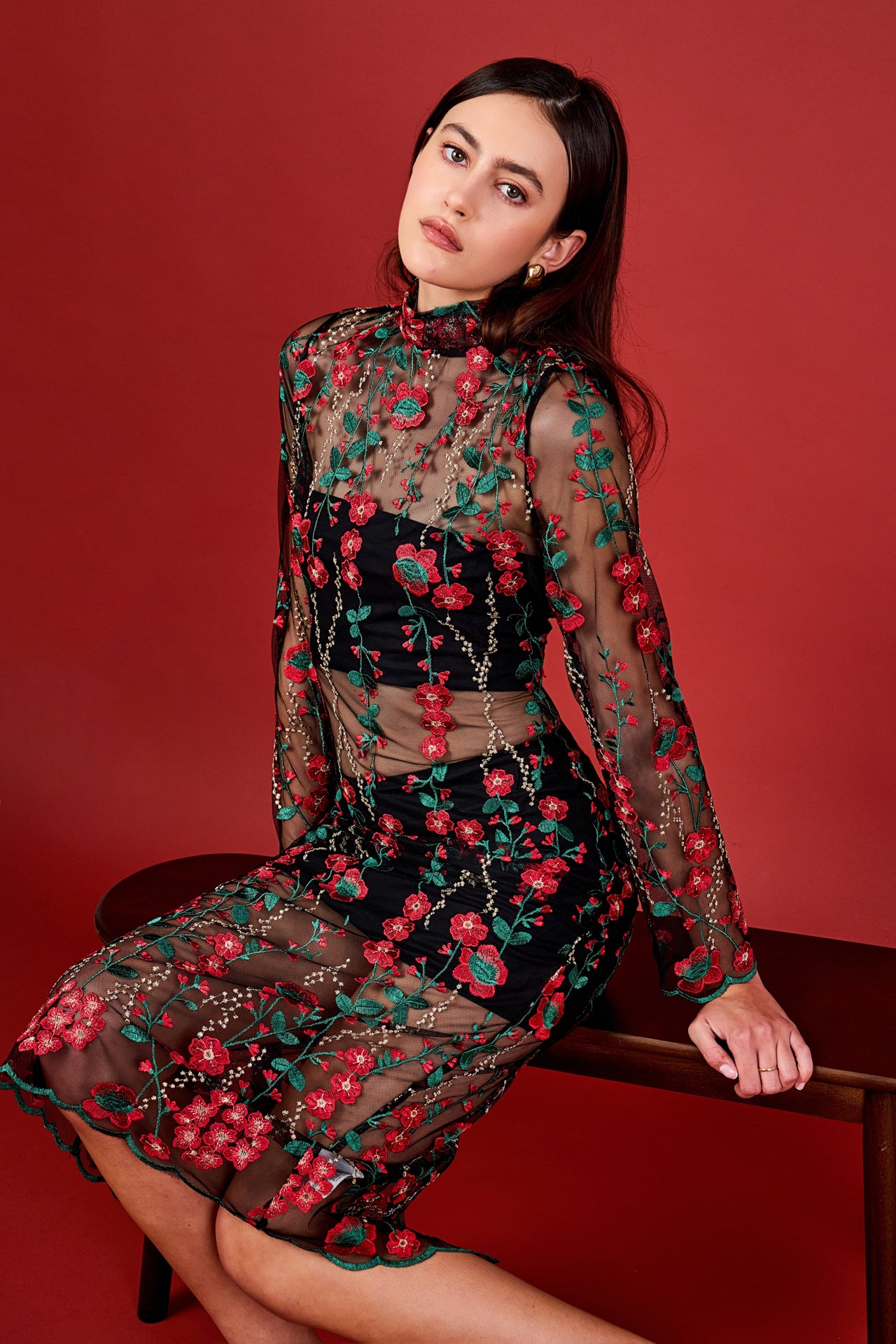 Endless Rose - Floral Embroidered Midi Dress RED MULTI / M Endless Rose - Floral Embroidered Midi Dress RED MULTI / M