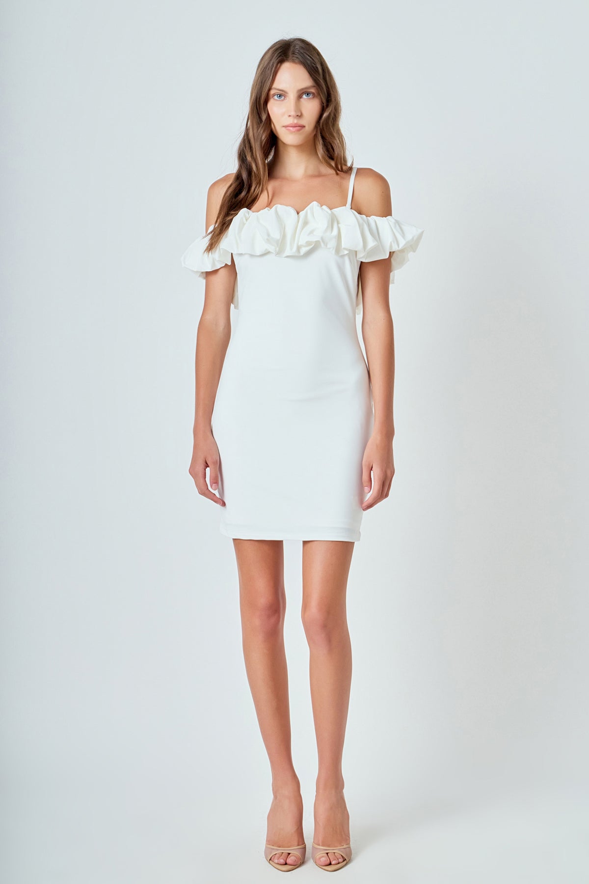 off shoulder dress mini Endless Rose Women's Bubble Style:2022SP430 WHP Trapeze neckline Blush Honey Accordion Pleated and sandals for a