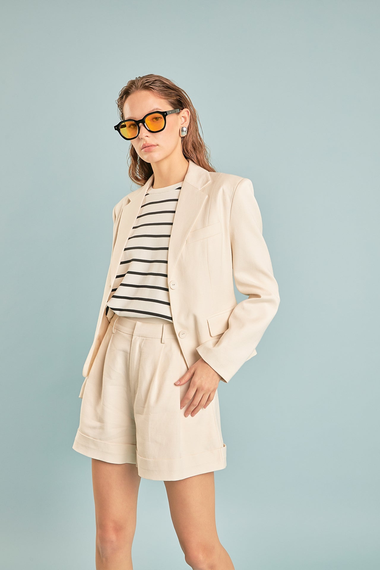Strip Sleeveless Pleated Knit Top, Linen Two Buttoned Blazer, and Linen Pintucked Shorts from Endless Rose