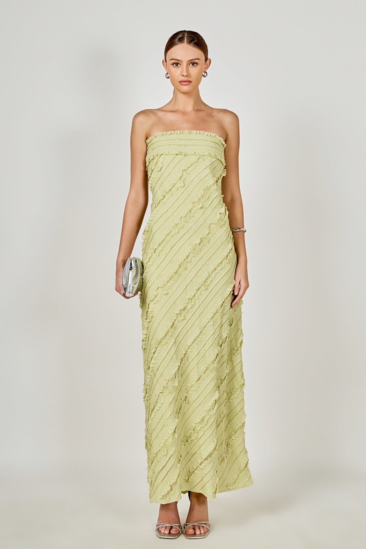 dulce embellished strapless ruffle maxi dress in soft pink Oh Polly Dulce Embellished Strapless Ruffle Maxi Dress in Soft Pink