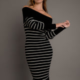 Off Shoulder Fold Striped Maxi Dress