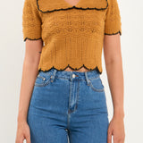 Short Puff Sleeve Scalloped Knit Top