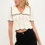Short Puff Sleeve Scalloped Knit Top