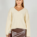 Cable Knit V-Neck Long Sleeve Sweater