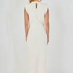 Straight-on rear view of cream sleeveless knit maxi dress featuring a high crew neckline with a subtle keyhole neck cutout.