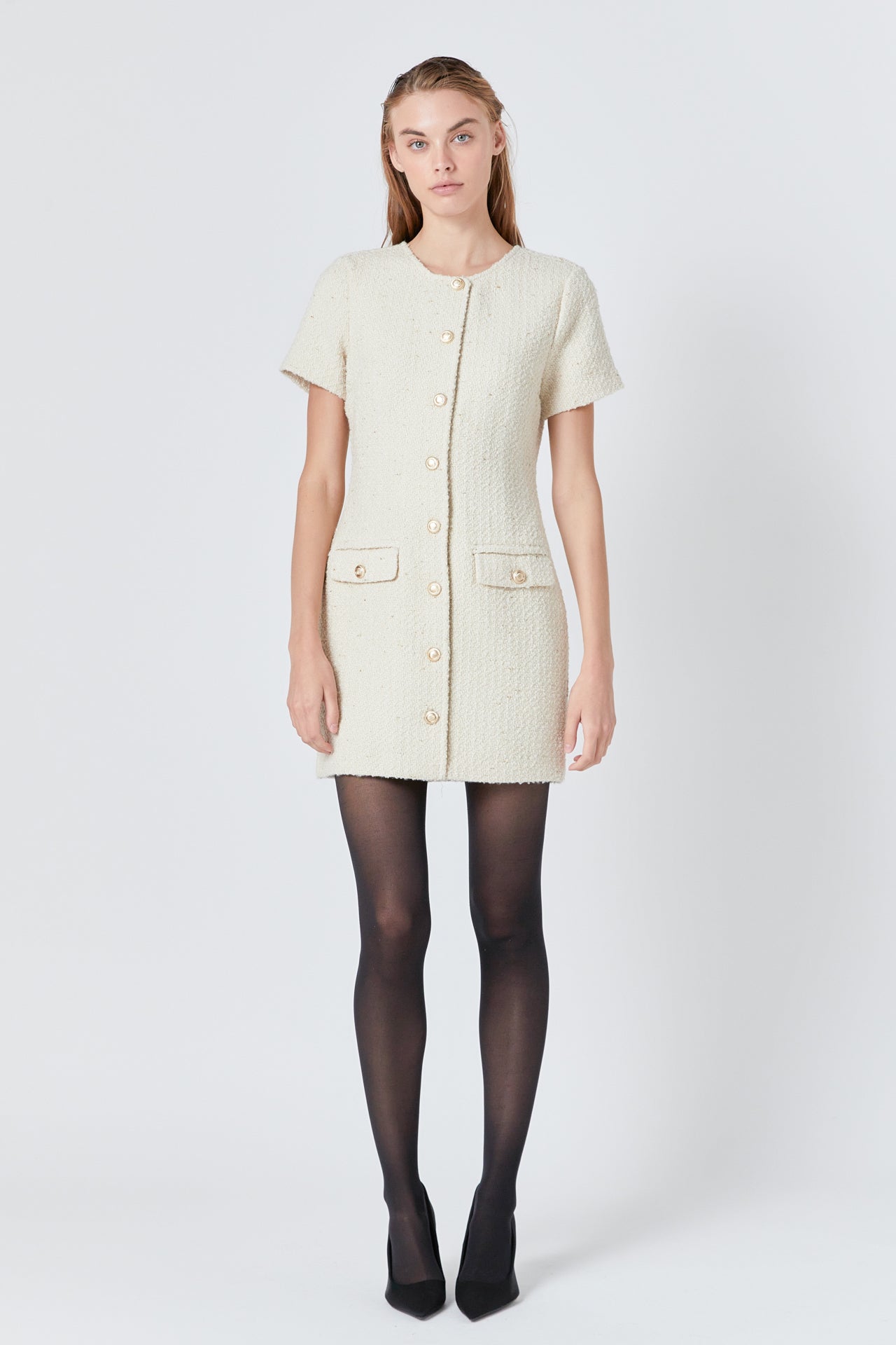 short tweed dress Buttoned Mini – Endless Rose Dainty gold button detail GO+JOLI Tiffany Blue & Aqua Color:Navy Striped