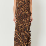 Animal Print Ruffled Slip Maxi Dress