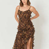 Animal Print Ruffled Slip Maxi Dress