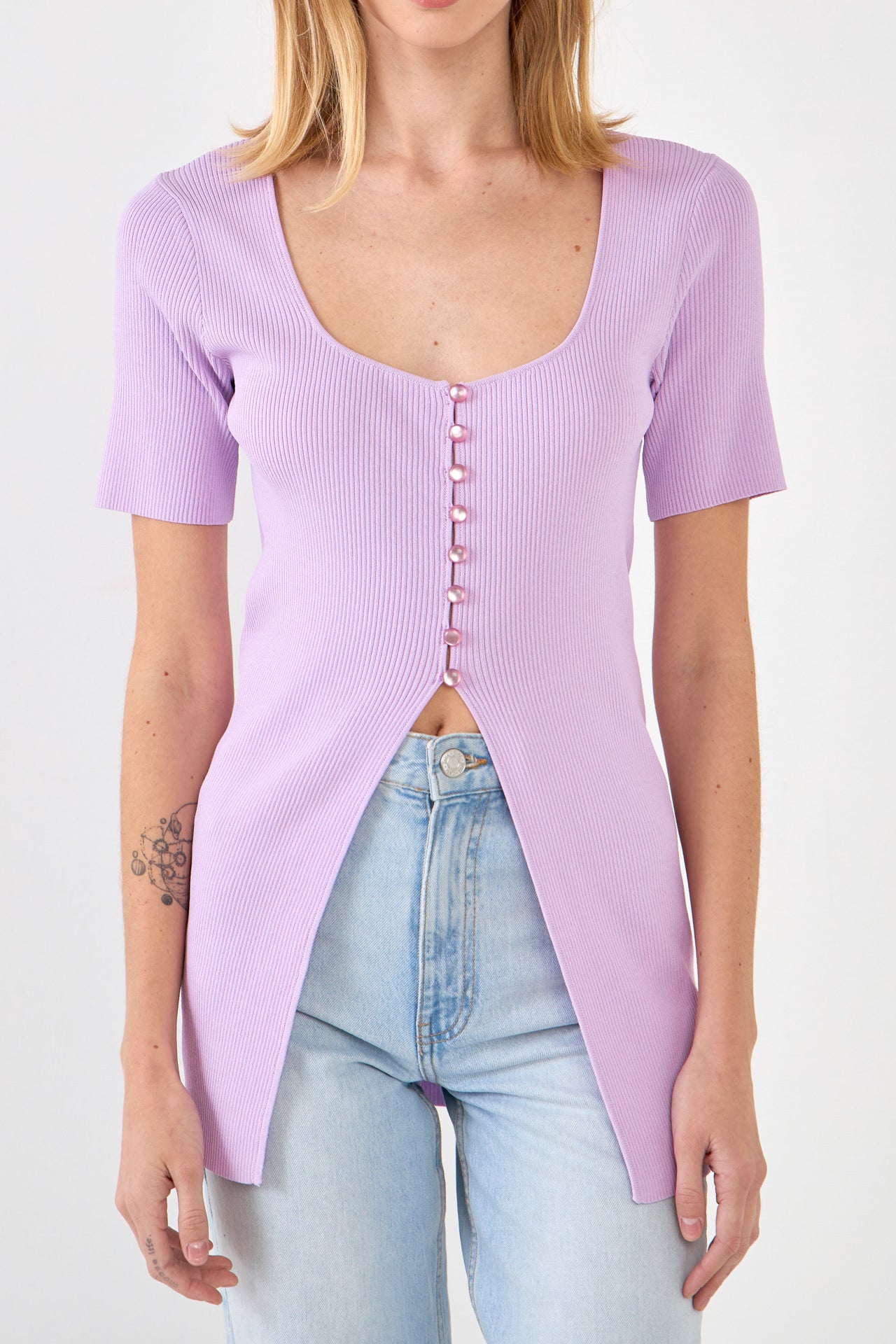 Endless Rose - Short Sleeve Long Knit Button Up - Tops in Women's Clothing available at endlessrose.com