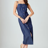 High Neck Denim Midi Dress
