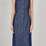 High Neck Denim Midi Dress