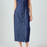 High Neck Denim Midi Dress