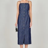 High Neck Denim Midi Dress