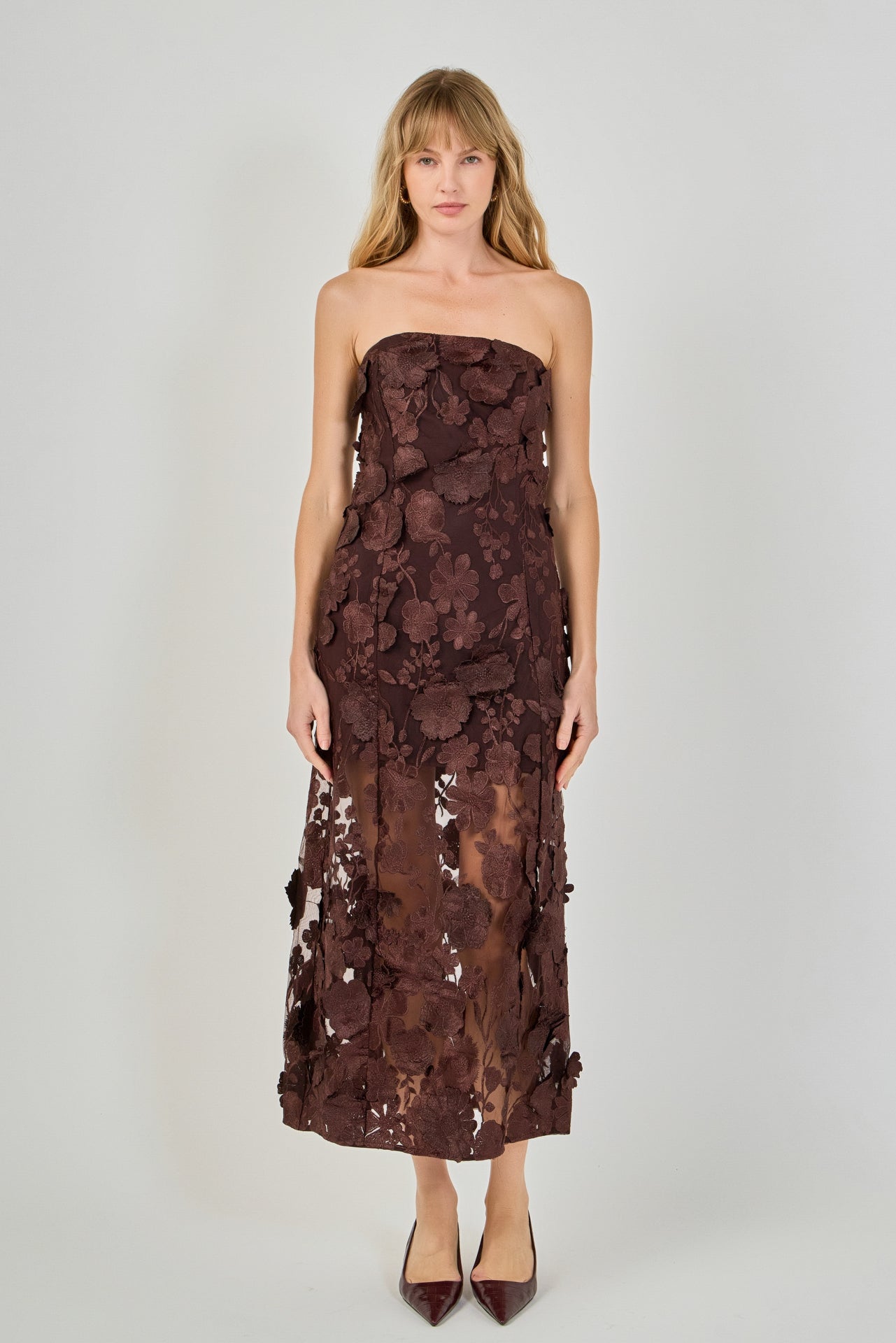 Strapless Floral Embroidered Maxi Dress