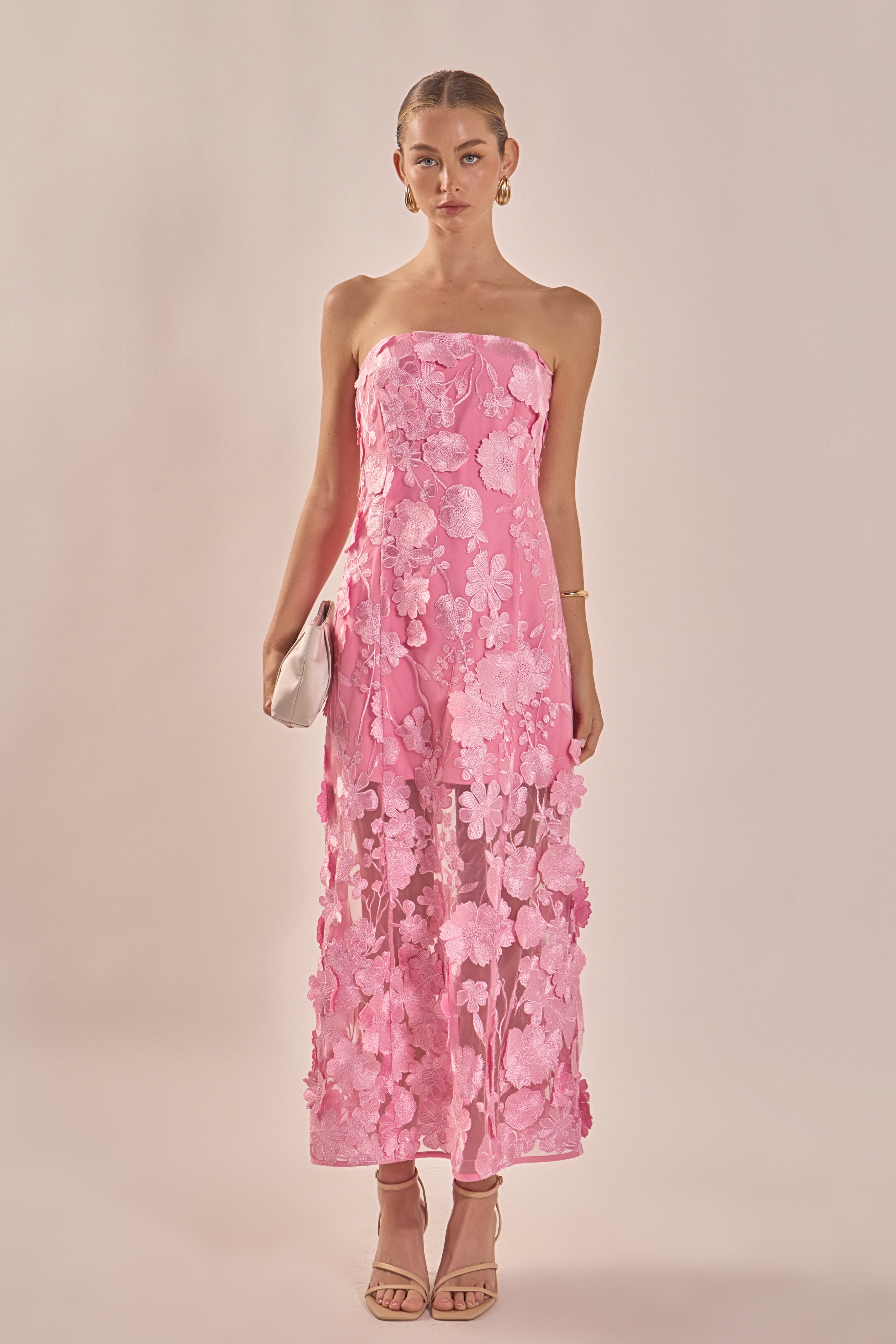 Strapless Floral Embroidered Maxi Dress