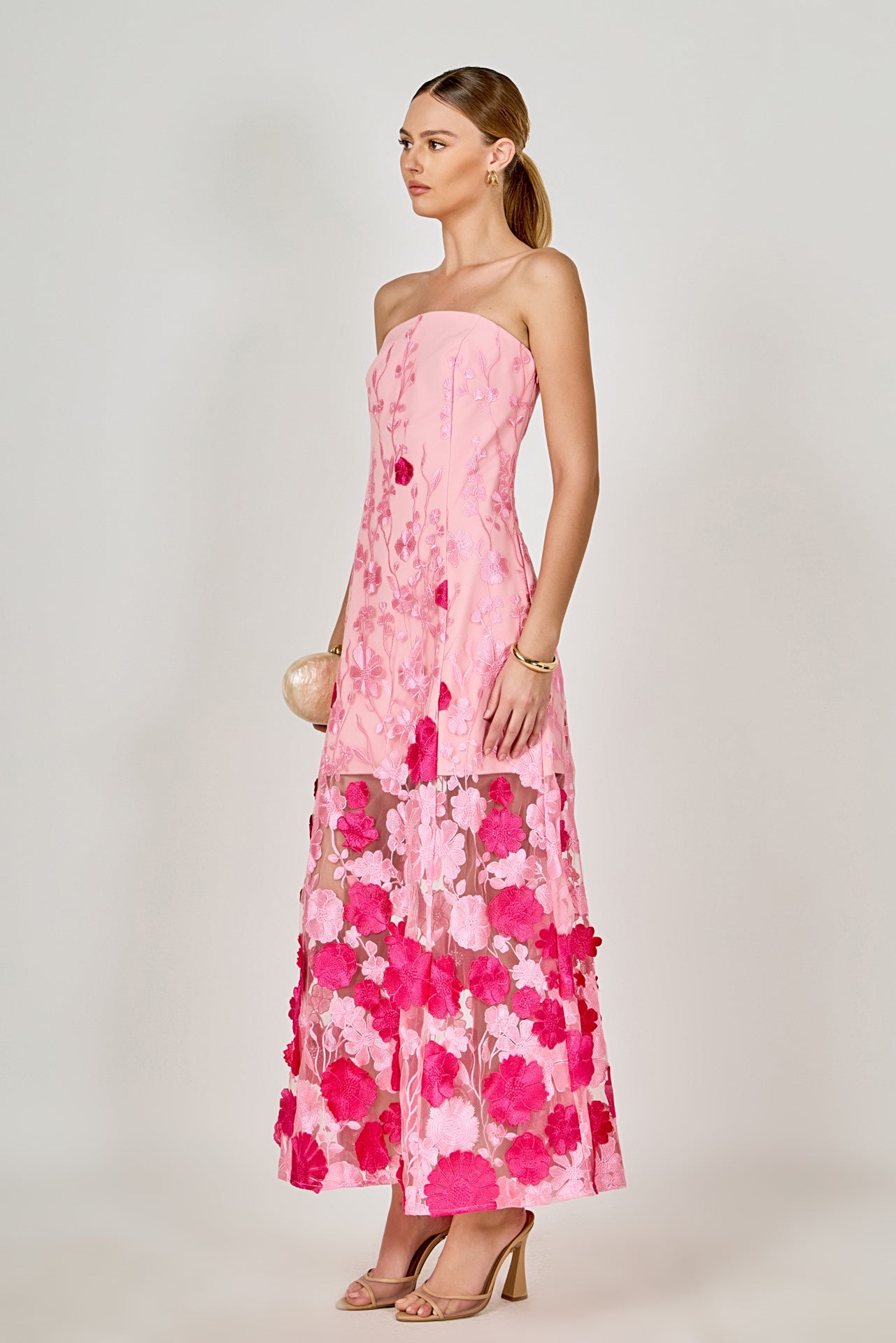 Embroidered 3D Applique Strapless Maxi Dress