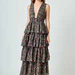 Endless Rose Tiered Floral Sleeveless Maxi Dress in Black MULTI at Nordstrom, Size Small