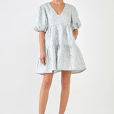 Jacquard Puff Sleeve High Low Dress