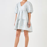 Jacquard Puff Sleeve High Low Dress