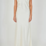 Close-up view of an ivory strapless satin maxi dress highlighting the fitted strapless bodice and smooth satin fabric.