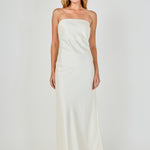Full-length front view of an ivory strapless satin maxi dress showing the complete column fall to a floor-length hem.