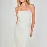 Face-forward posed view of an ivory strapless satin maxi dress featuring a clean straight neckline and fluid column silhouette.