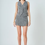 Tweed Front Slit Cutout Mini Skirt