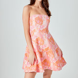 Lindsey Floral Jacquard Strapless Blouson Mini Dress