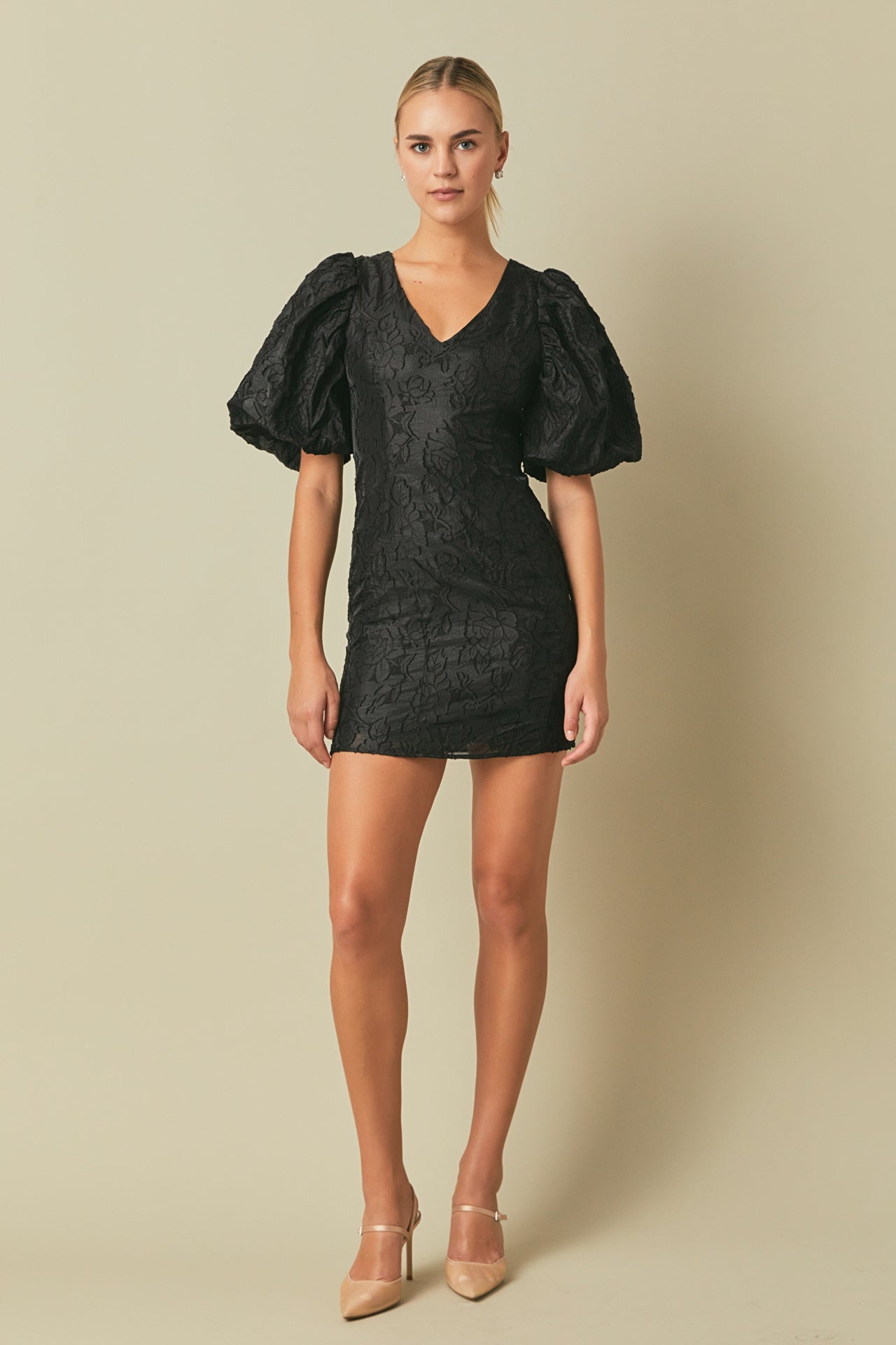 Floral Jacquard Puff Sleeve Mini Dress – Endless Rose