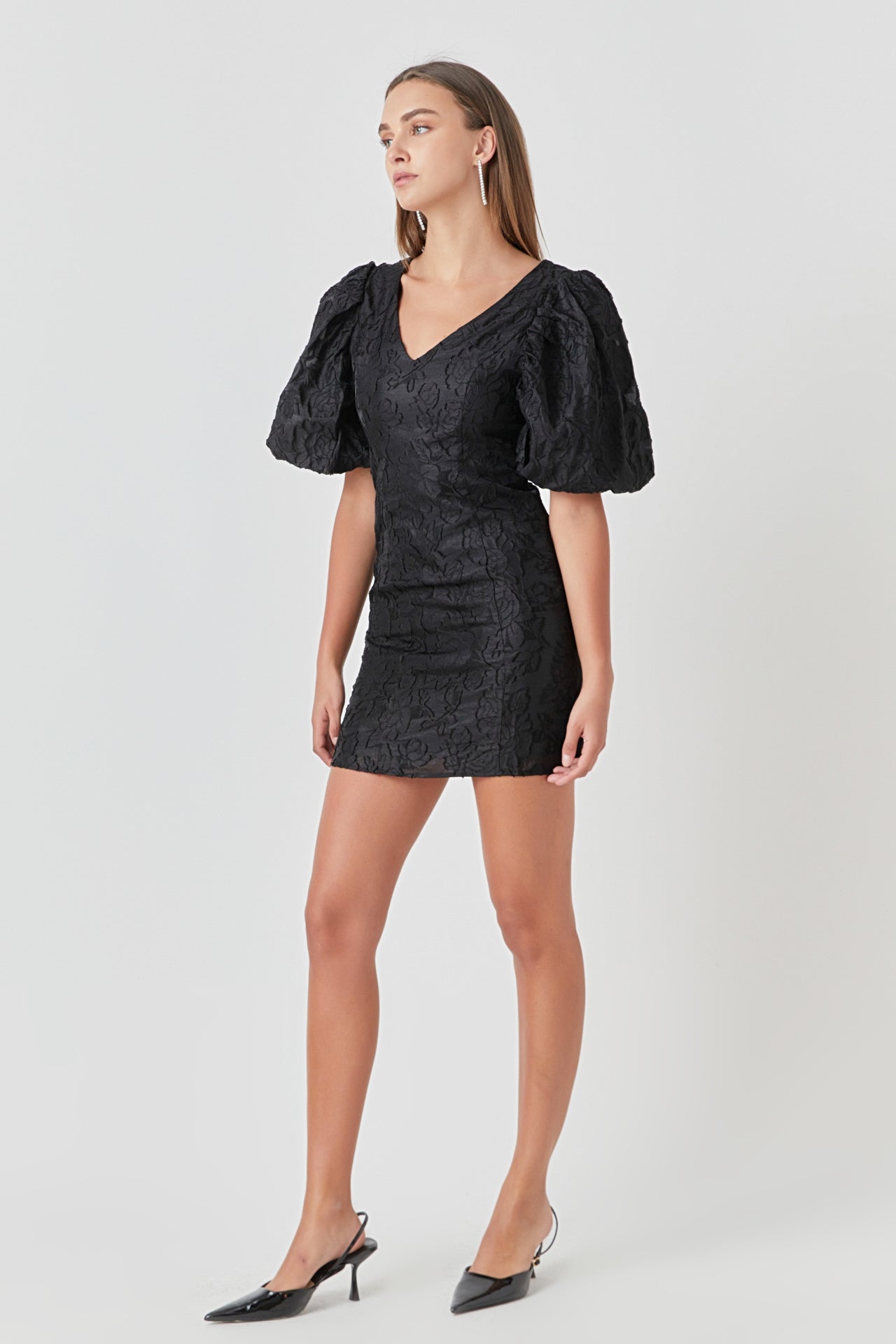 Endless Rose - Floral Jacquard Puff Sleeve Mini Dress Black / S Endless Rose - Floral Jacquard Puff Sleeve Mini Dress Black / S