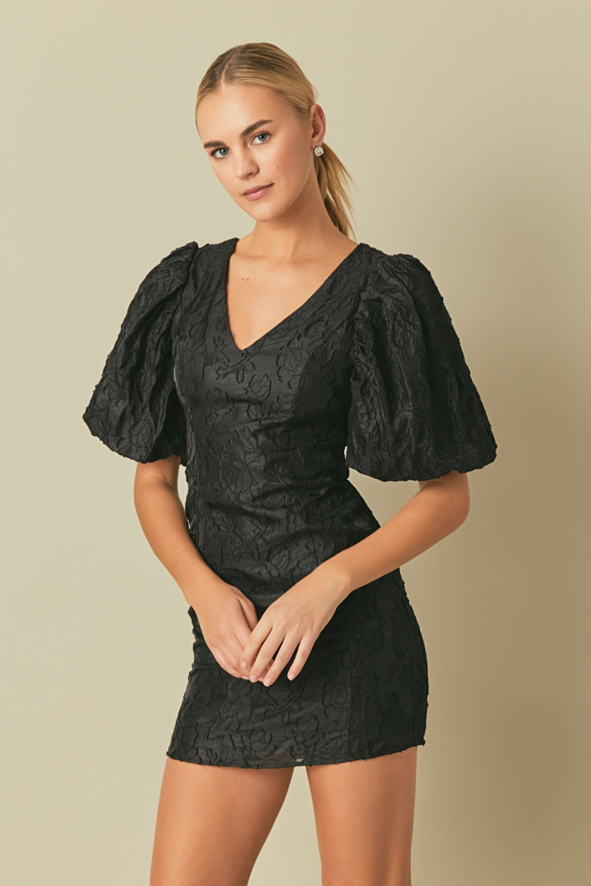 Floral Jacquard Puff Sleeve Mini Dress Endless Rose Floral Jacquard Puff Sleeve Mini Dress Endless Rose