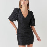 Floral Jacquard Puff Sleeve Mini Dress