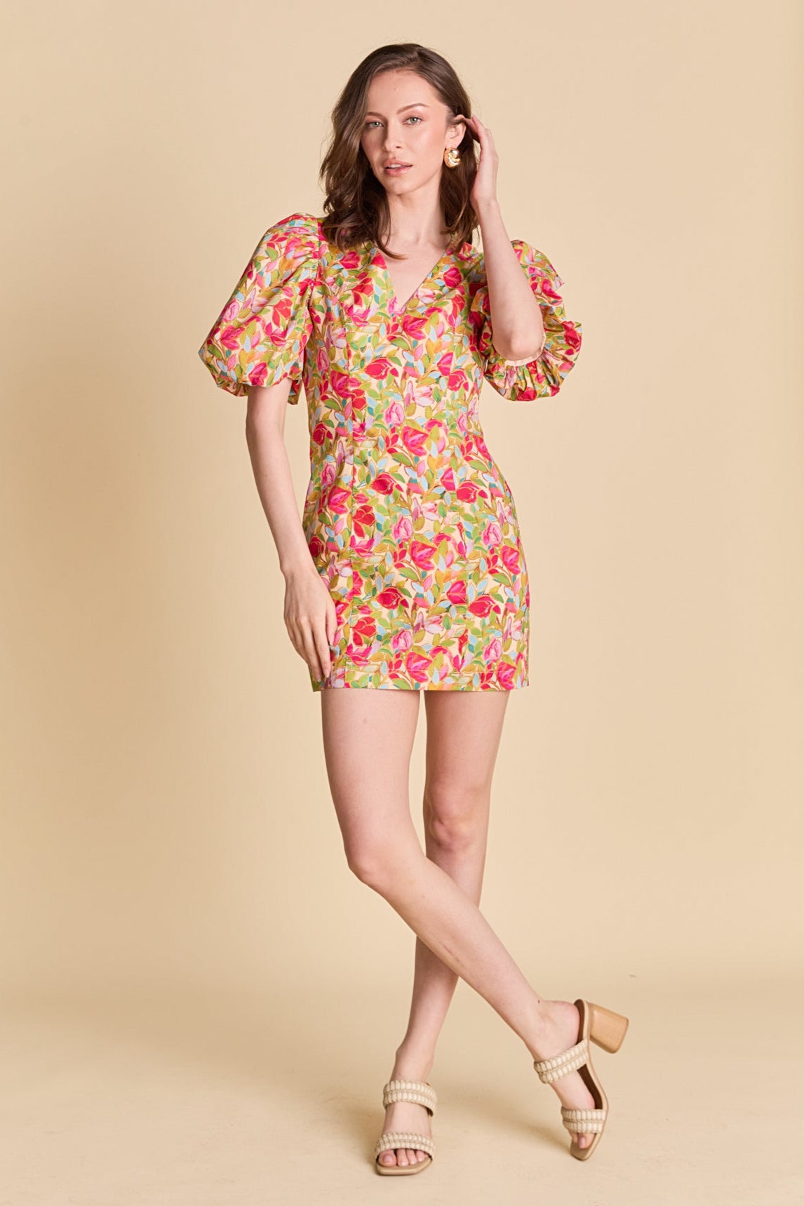 rose print mini dress Floral Rose Print Mini Dress in Ivory | Fit-and-flare Shape