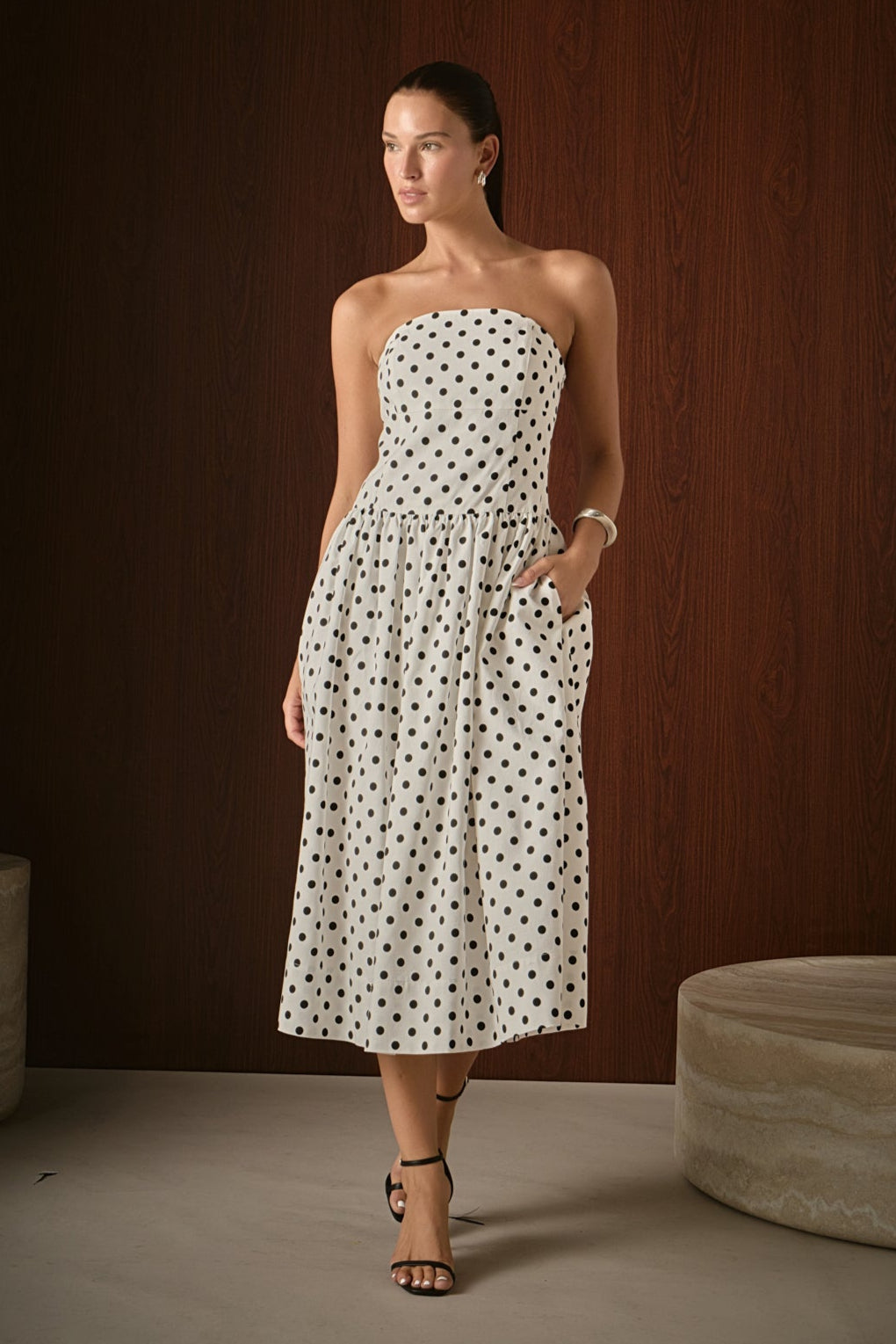 Strapless Polka Dot Taffeta Midi Dress – Endless Rose