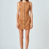 Faux Suede Round Neck Buttoned Mini Dress